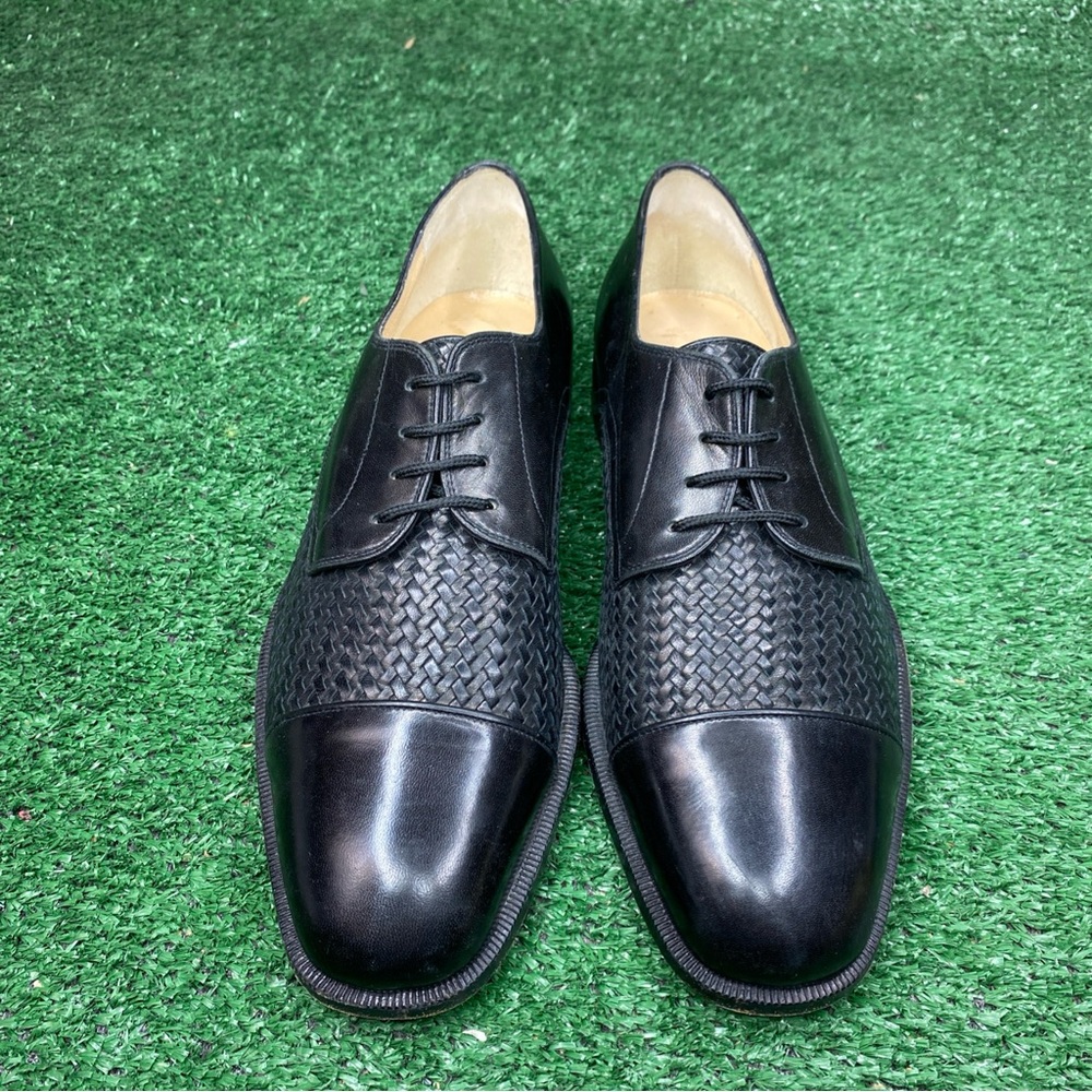 Bally Vintage Men’s 9.5 Black Woven Shoes Basket Weave Dress Shoes Made In Italy - Picture 2 of 11